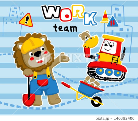 Vector illustration of funny lion in worker costume holding shovel with funny bear on construction vehicle. Construction element cartoon Vector illustration of funny lion in worker costume holding shovel with funny bear on construction vehicle. Construction element cartoon 140382400