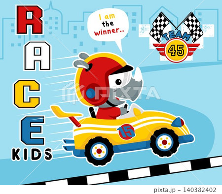 Vector illustration of cute rhino on race car. Car racing element cartoon Vector illustration of cute rhino on race car. Car racing element cartoon 140382402