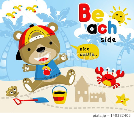 Vector illustration of cute bear cartoon in the beach with marine animals at summer holiday 140382403