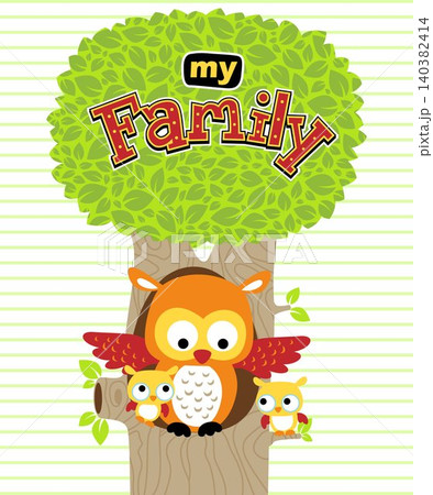 Cartoon of owl with it cubs in the tree 140382414
