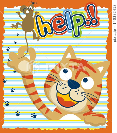 Cartoon of cat pulling rats tail on striped background 140382418