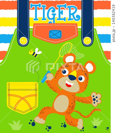Leopard hunting a bee with fish net in kids apparel pattern Leopard hunting a bee with fish net in kids apparel pattern 140382419