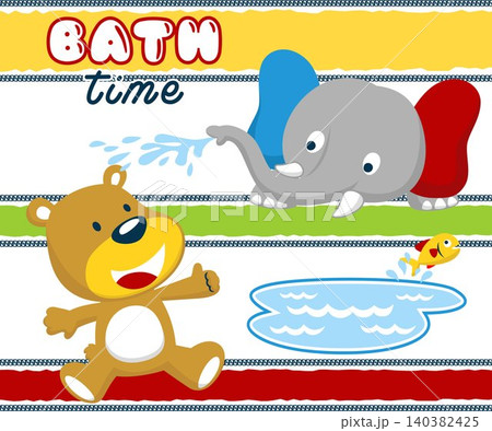 Cute elephant and bear cartoon playing water with fish on colorful striped background 140382425