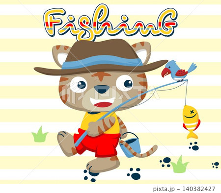 Cat cartoon in fisher costume with a bird back from fishing Cat cartoon in fisher costume with a bird back from fishing 140382427