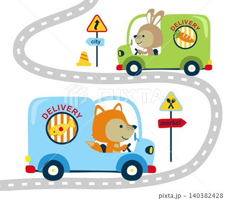 Cute rabbit and fox driving delivery car on street, traffic elements cartoon 140382428