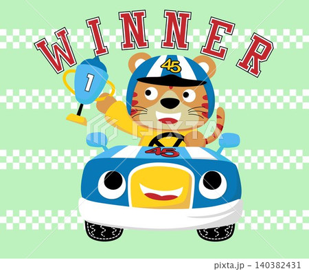 Cute tiger in racer costume holding trophy on funny race car Cute tiger in racer costume holding trophy on funny race car 140382431