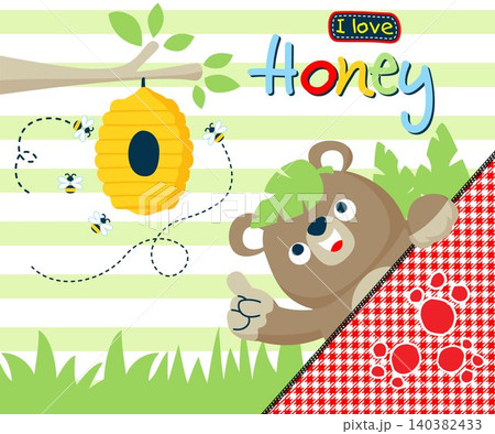 Funny bear cartoon with bee hive in forest Funny bear cartoon with bee hive in forest 140382433