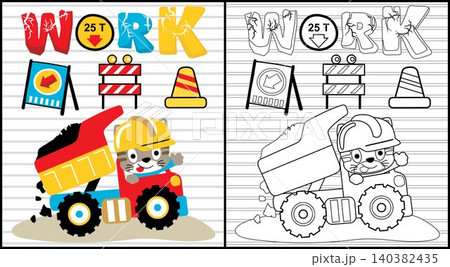 Coloring book of cute cat on truck, construction element cartoon Coloring book of cute cat on truck, construction element cartoon 140382435
