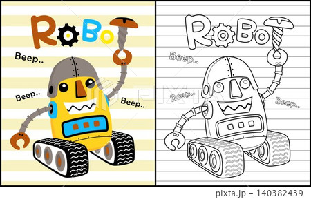 Coloring book of funny robot cartoon on striped background Coloring book of funny robot cartoon on striped background 140382439