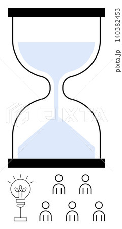 Time management, teamwork, project planning, idea generation, deadline execution, productivity. An hourglass above a light bulb and team icons. Time management and teamwork concept Time management, teamwork, project planning, idea generation, deadline execution, productivity. An hourglass above a light bulb and team icons. Time management and teamwork concept 140382453