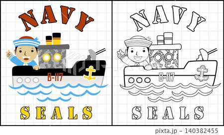 Coloring book of little sailor cartoon on warship Coloring book of little sailor cartoon on warship 140382455