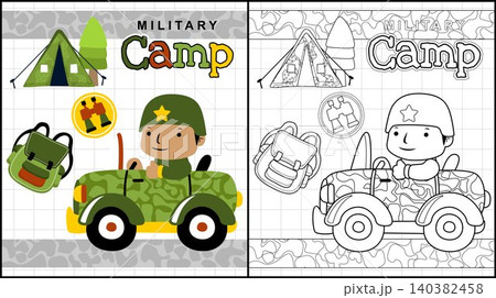 Coloring book of soldier cartoon on military vehicle, military element illustration Coloring book of soldier cartoon on military vehicle, military element illustration 140382458