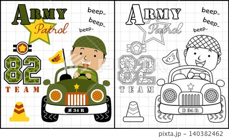 Coloring book of little soldier driving military car Coloring book of little soldier driving military car 140382462