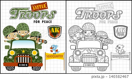 Coloring book of funny soldiers on truck, bird perch on banner Coloring book of funny soldiers on truck, bird perch on banner 140382467