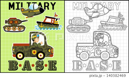 Coloring book of military vehicles with a soldier on truck Coloring book of military vehicles with a soldier on truck 140382469
