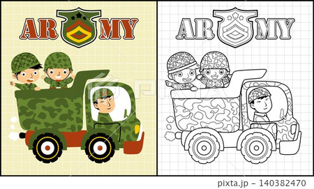 Coloring book of happy soldier on military truck Coloring book of happy soldier on military truck 140382470