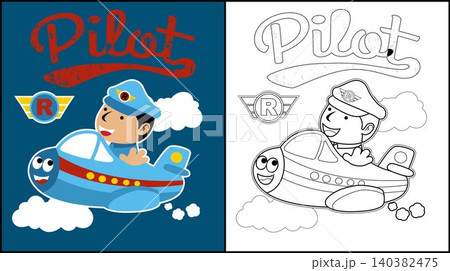 Coloring book of little pilot cartoon driving funny plane Coloring book of little pilot cartoon driving funny plane 140382475