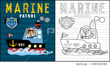 Coloring book of funny cat in captain uniform on a boat 140382480