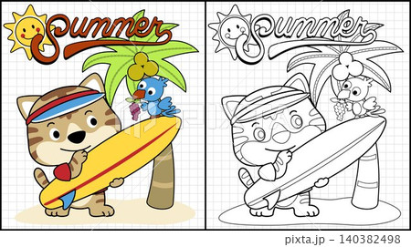 Coloring book of cute cat cartoon with surfboard, little bird carrying grape perch on surfboard, summer element illustrations Coloring book of cute cat cartoon with surfboard, little bird carrying grape perch on surfboard, summer element illustrations 140382498