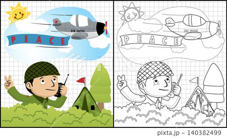 Coloring book of soldier cartoon with walkie talkie, plane fly above him Coloring book of soldier cartoon with walkie talkie, plane fly above him 140382499