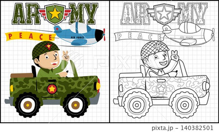Coloring book of soldier cartoon on military vehicle with airplane 140382501