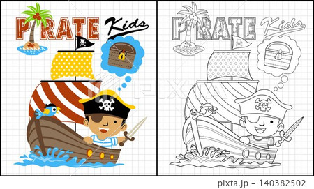 Coloring book of a boy in pirate costume while holding sword with parrot on sailboat Coloring book of a boy in pirate costume while holding sword with parrot on sailboat 140382502