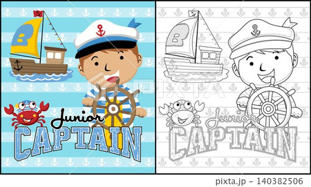 Coloring book of cartoon boy in sailor costume holding steering wheel with crab and sailboat 140382506