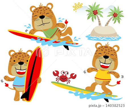 Vector set of funny tigers cartoon surfing in the beach Vector set of funny tigers cartoon surfing in the beach 140382523