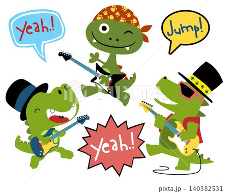 Vector set of funny monster cartoon in rocker costume playing electric guitar Vector set of funny monster cartoon in rocker costume playing electric guitar 140382531