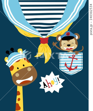 Vector of funny giraffe and monkey wearing sailor hat in sailor apparel pattern Vector of funny giraffe and monkey wearing sailor hat in sailor apparel pattern 140382534