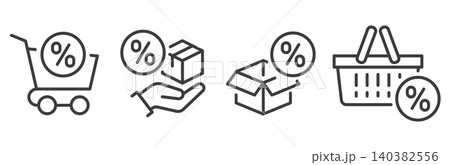 Set of offer icons. Sales, discounts, shopping, retail. Line art. Vector icon illustration. Set of offer icons. Sales, discounts, shopping, retail. Line art. Vector icon illustration. 140382556