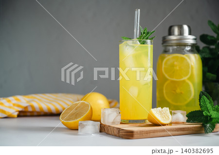 Chilled lemonade with mint and ice in tall glass, refreshing summer beverage concept, copy space Chilled lemonade with mint and ice in tall glass, refreshing summer beverage concept, copy space 140382695