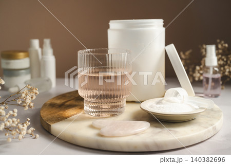 Collagen powder, beauty drink and skincare products for healthy aging and wellness routine Collagen powder, beauty drink and skincare products for healthy aging and wellness routine 140382696