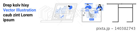 Business analysis, e-commerce platforms, collaborative work, digital marketing, statistics, data visualization. Charts on a laptop screen and team collaboration illustration. Business analysis Business analysis, e-commerce platforms, collaborative work, digital marketing, statistics, data visualization. Charts on a laptop screen and team collaboration illustration. Business analysis 140382743