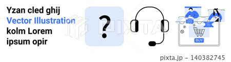 Customer service, online shopping, e-commerce, tech support, queries, virtual assistance. Headset icon with question mark and shopping visuals. Customer service and e-commerce 140382745