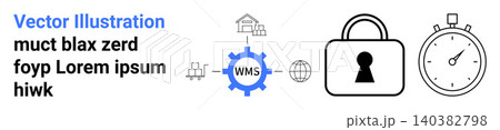 Logistics, inventory control, supply chain, data security, time management, automation. WMS gear surrounded by icons, lock stopwatch. Logistics and inventory control concepts Logistics, inventory control, supply chain, data security, time management, automation. WMS gear surrounded by icons, lock stopwatch. Logistics and inventory control concepts 140382798