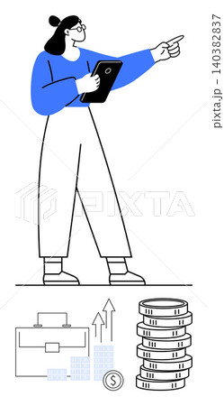 Business growth, finance management, investment strategy, economic planning, corporate success, market trends. A woman holding a tablet, pointing at coins and graphs. Business growth and finance Business growth, finance management, investment strategy, economic planning, corporate success, market trends. A woman holding a tablet, pointing at coins and graphs. Business growth and finance 140382837