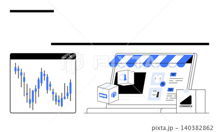 E-commerce, online sales, stock market trends, data analysis, technology, online shopping. Digital storefront with products and a financial chart. E-commerce and stock market concepts E-commerce, online sales, stock market trends, data analysis, technology, online shopping. Digital storefront with products and a financial chart. E-commerce and stock market concepts 140382862