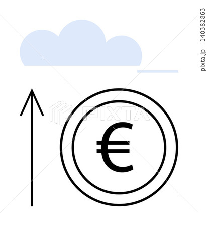Finance, cloud computing, economic growth, data trends, currency exchange, success goals. Euro coin with upward arrow near cloud. Finance and cloud computing 140382863