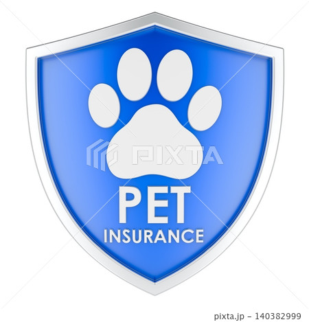 Pet insurance, blue shield with paw print. 3D rendering Pet insurance, blue shield with paw print. 3D rendering 140382999