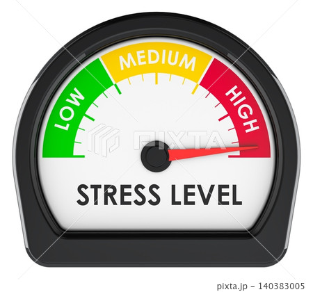 Stress level gauge showing high pressure. 3D rendering Stress level gauge showing high pressure. 3D rendering 140383005