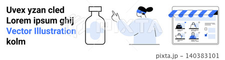 Healthcare, online shopping, medication access, e-commerce, telemedicine, digital services. A person points to a medicine bottle and an online store interface. Healthcare and e-commerce Healthcare, online shopping, medication access, e-commerce, telemedicine, digital services. A person points to a medicine bottle and an online store interface. Healthcare and e-commerce 140383101