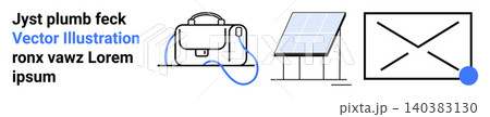 Renewable energy, digital communication, technology, sustainable design, solar power, innovation. Minimalistic icons including a solar panel, bag and email symbol. Renewable energy and digital 140383130