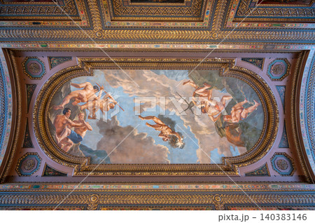 New york, usa august 22,2024. New york public library ceiling mural depicting classical figures and allegory, framed by ornate, gilded architectural details 140383146