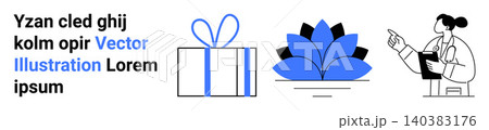 Wellness, professional services, gift-giving, decoration, self-care, education. Gift box, abstract flower female professional with clipboard. Wellness and professional services concept Wellness, professional services, gift-giving, decoration, self-care, education. Gift box, abstract flower female professional with clipboard. Wellness and professional services concept 140383176
