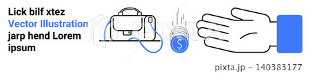 Finance, money transfer, online transactions, business operations, payment systems, e-commerce solutions. Symbols of bag, coin and open hand are . Finance and money transfer concepts 140383177