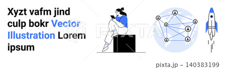 Technology, networking, communication, innovation, science, startups. Woman reading on a device, network icons and a rocket. Networking and technology clearly 140383199