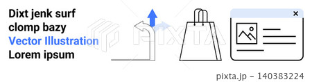 Online shopping, digital navigation, web design, e-commerce tools, creative media, user interface. Arrow sign direction, shopping bag and web content display icons. Online shopping and digital 140383224