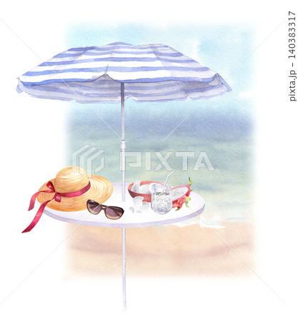Composition of the beach umbrella, table, sunglasses, straw hat, pitahaya, glass and bowl. For packaging design, cards, cover, prints, product labels and fabric Composition of the beach umbrella, table, sunglasses, straw hat, pitahaya, glass and bowl. For packaging design, cards, cover, prints, product labels and fabric 140383317