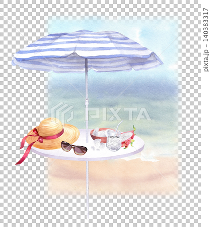 Composition of the beach umbrella, table, sunglasses, straw hat, pitahaya, glass and bowl. For packaging design, cards, cover, prints, product labels and fabric Composition of the beach umbrella, table, sunglasses, straw hat, pitahaya, glass and bowl. For packaging design, cards, cover, prints, product labels and fabric 140383317